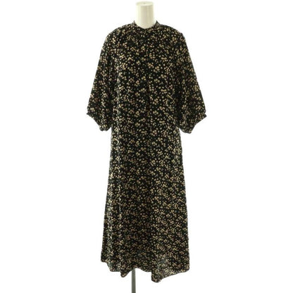Celine Viscose Canvas Midi Dress Flower Band Collar 34 Black Orange Beige CX
