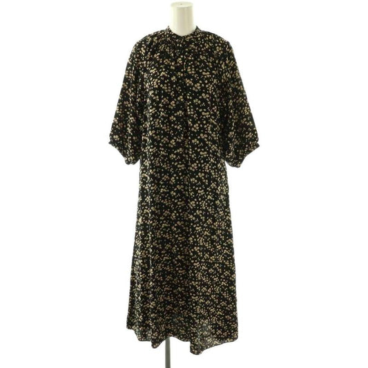 Celine Viscose Canvas Midi Dress Flower Band Collar 34 Black Orange Beige CX
