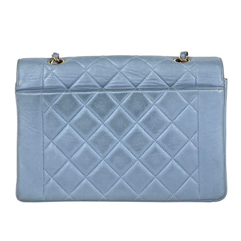 Chanel Diana Quilted Single Flap Chain Shoulder Bag CC Logo Leather Blue
