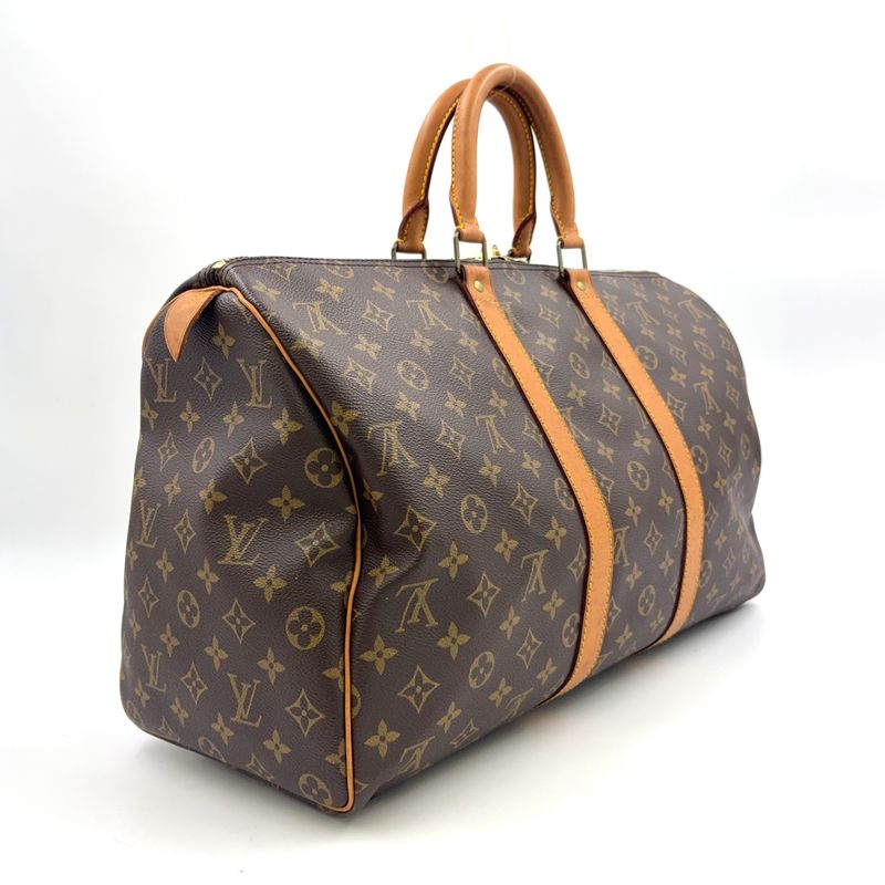 Louis Vuitton Keepall 45 Monogram Leather Brown Boston Bag Gold