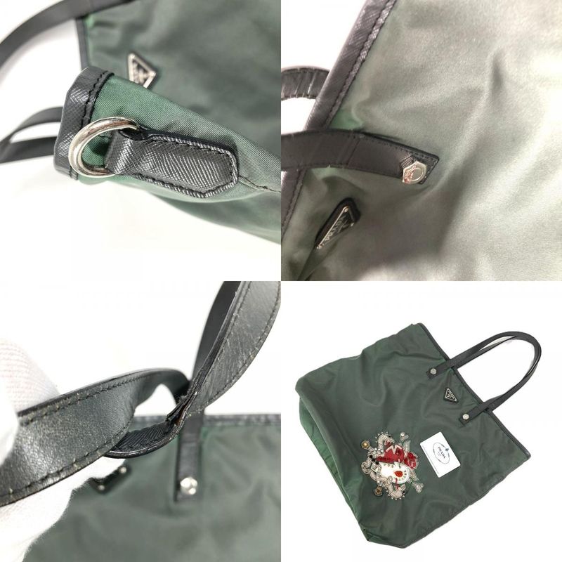 Prada Tote Triangle Logo Leather Nylon Gray