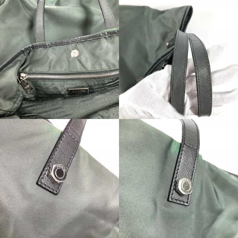 Prada Tote Triangle Logo Leather Nylon Gray