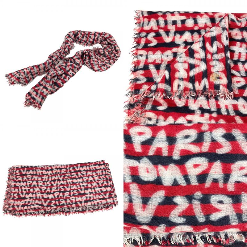 Louis Vuitton Shawl Graffiti Logo Wool Red Scarf