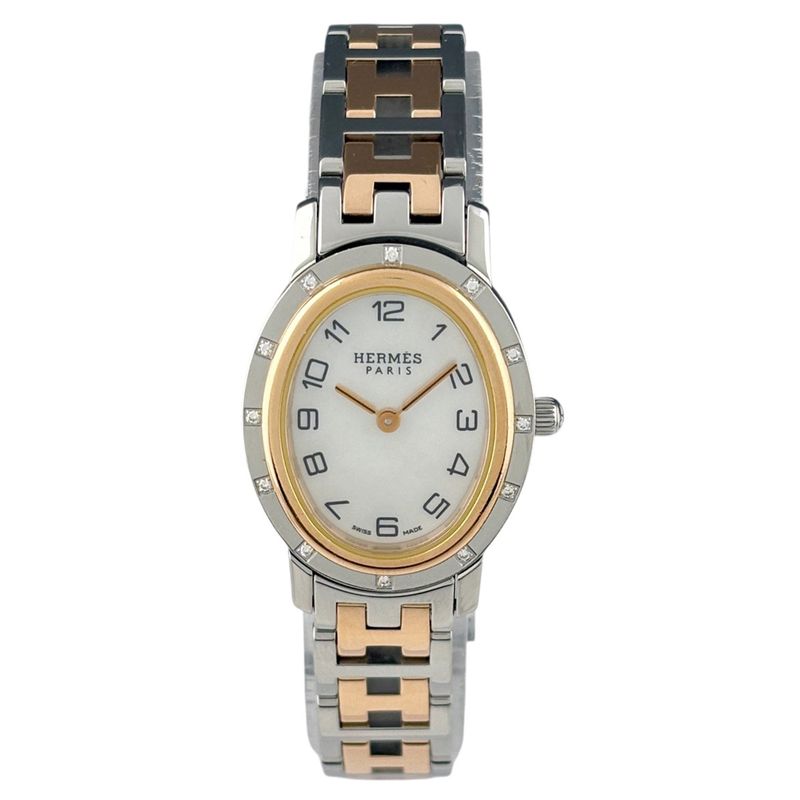 Hermes Clipper Oval Diamond Watch SS Quartz White