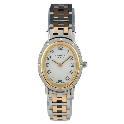 Hermes Clipper Oval Diamond Watch SS Quartz White