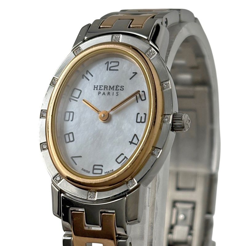 Hermes Clipper Oval Diamond Watch SS Quartz White