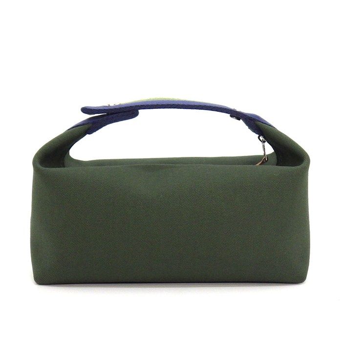 Hermes Handbag Bath Pouch Brid-a-brac PM Pavillon Khaki Cotton Canvas Silver