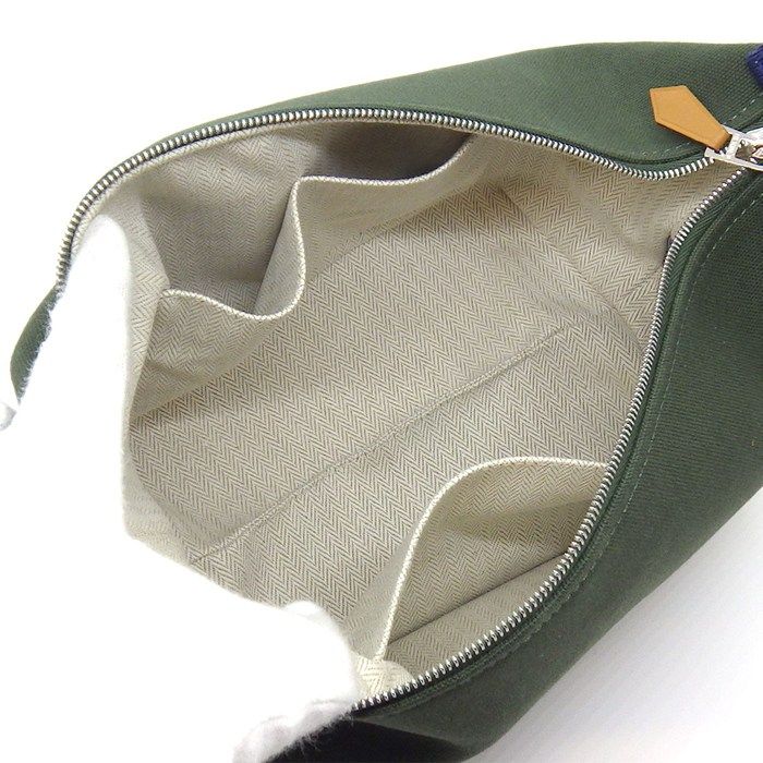 Hermes Handbag Bath Pouch Brid-a-brac PM Pavillon Khaki Cotton Canvas Silver