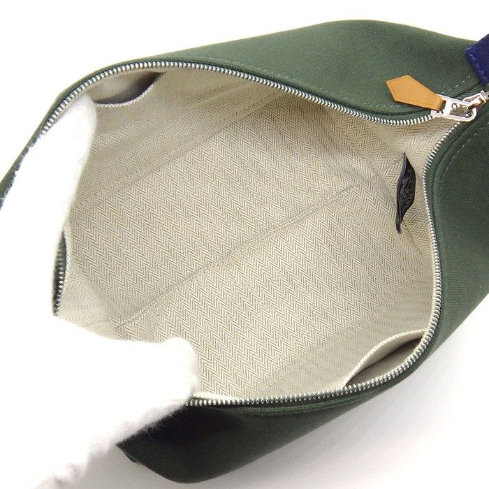 Hermes Handbag Bath Pouch Brid-a-brac PM Pavillon Khaki Cotton Canvas Silver