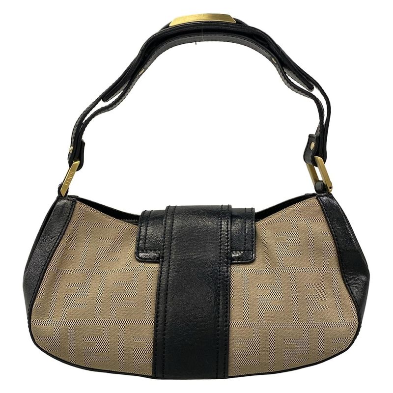 Fendi Handbag Zucca Pattern Beige Black Leather