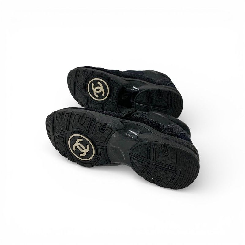 Chanel Sneakers Shoes Leather Fabric Suede Black CC Logo