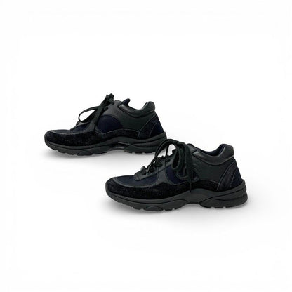 Chanel Sneakers Shoes Leather Fabric Suede Black CC Logo