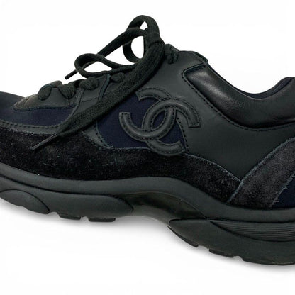 Chanel Sneakers Shoes Leather Fabric Suede Black CC Logo