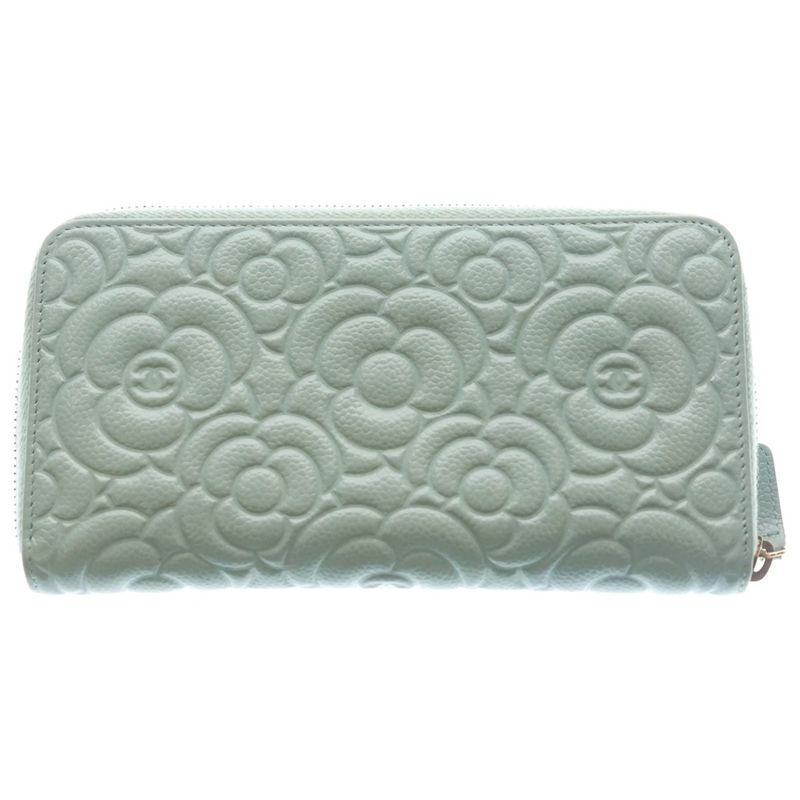 Chanel Camellia Zip Around Wallet Card Case Light Blue Caviar Leather Gold