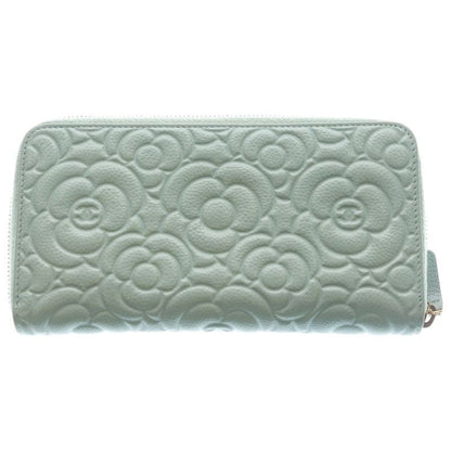 Chanel Camellia Zip Around Wallet Card Case Light Blue Caviar Leather Gold