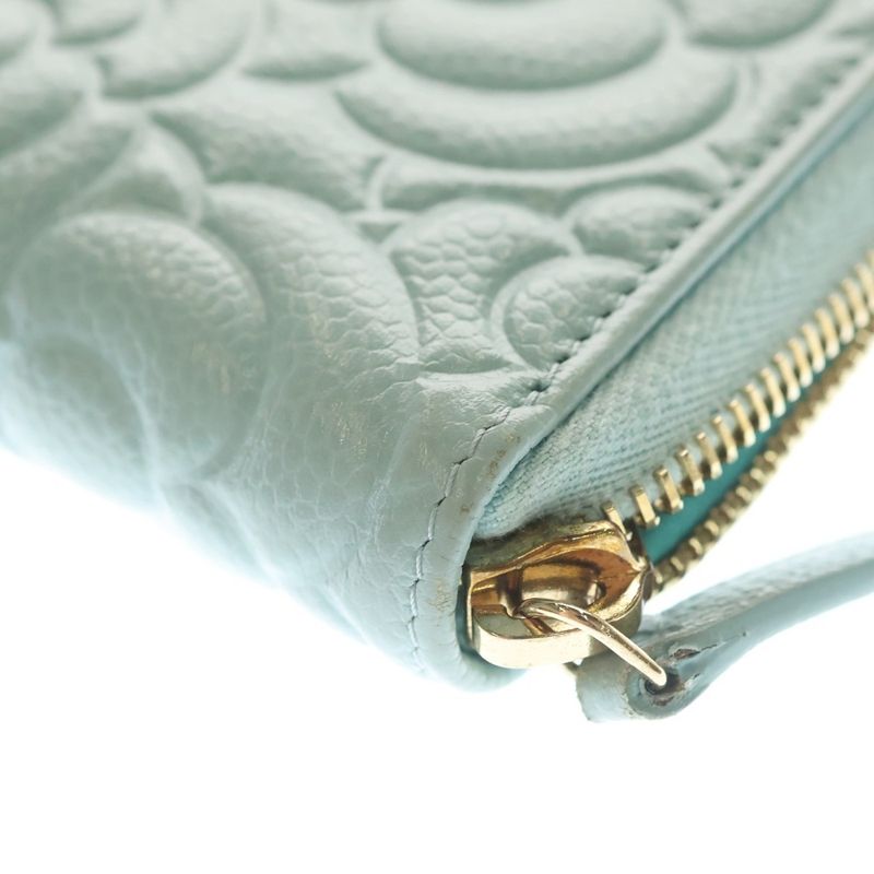 Chanel Camellia Zip Around Wallet Card Case Light Blue Caviar Leather Gold