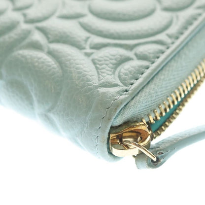 Chanel Camellia Zip Around Wallet Card Case Light Blue Caviar Leather Gold