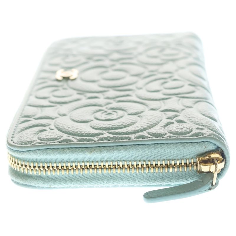 Chanel Camellia Zip Around Wallet Card Case Light Blue Caviar Leather Gold