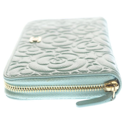 Chanel Camellia Zip Around Wallet Card Case Light Blue Caviar Leather Gold