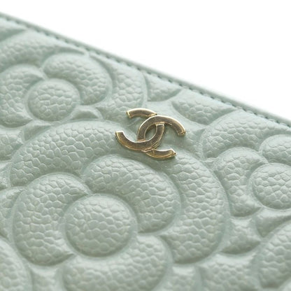 Chanel Camellia Zip Around Wallet Card Case Light Blue Caviar Leather Gold