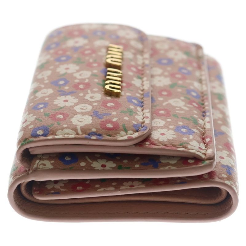 Miu Miu Flower Print Trifold Wallet Compact Coin Case Pink Leather Gold