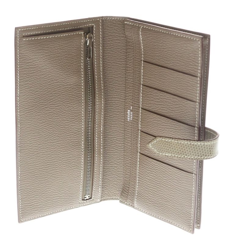 Hermes Bearn Souffle Ficelle Lycee Wallet Card Case Beige Silver