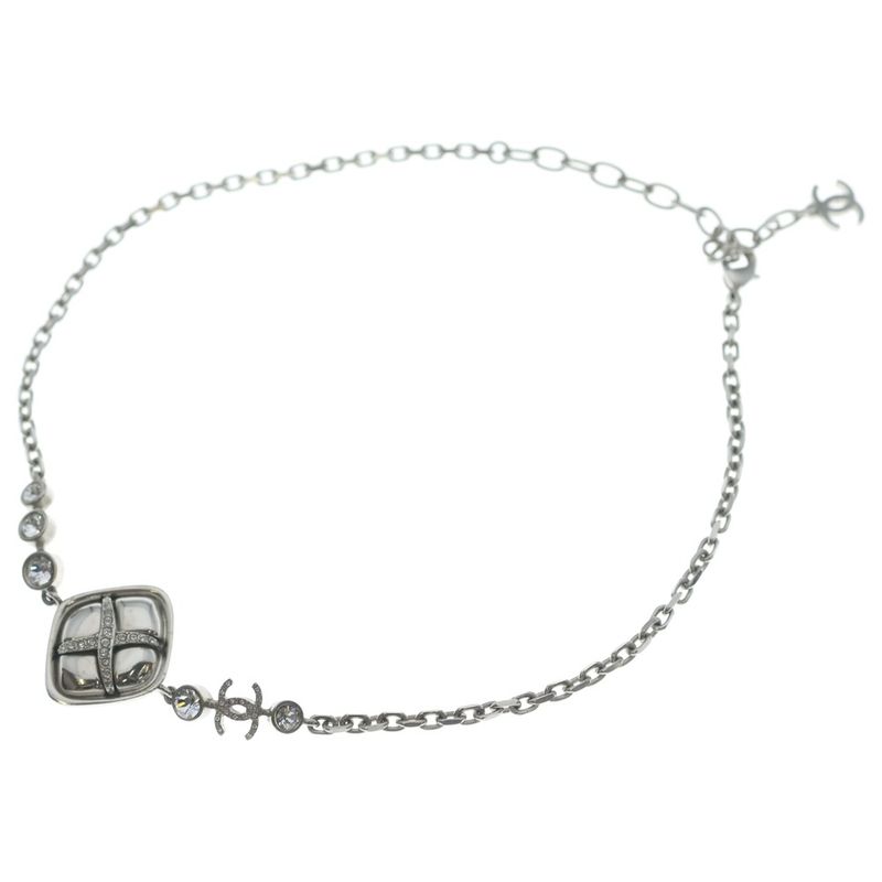 Chanel CC Logo Line Stone Necklace Choker Silver