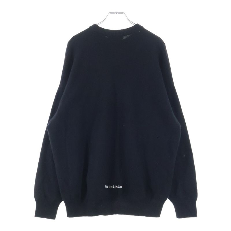 Balenciaga Logo Embroidery Cashmere Crew Neck Knit Sweater Black