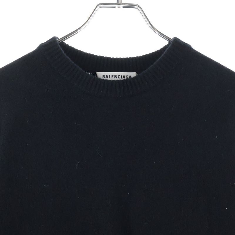 Balenciaga Logo Embroidery Cashmere Crew Neck Knit Sweater Black