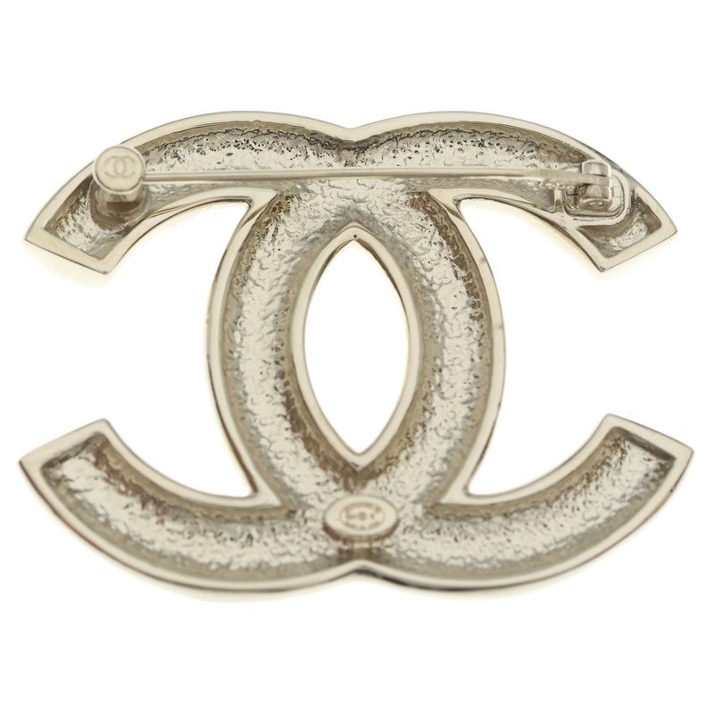 Chanel CC Logo Line Stone Pin Badge Pin Brooch Silver
