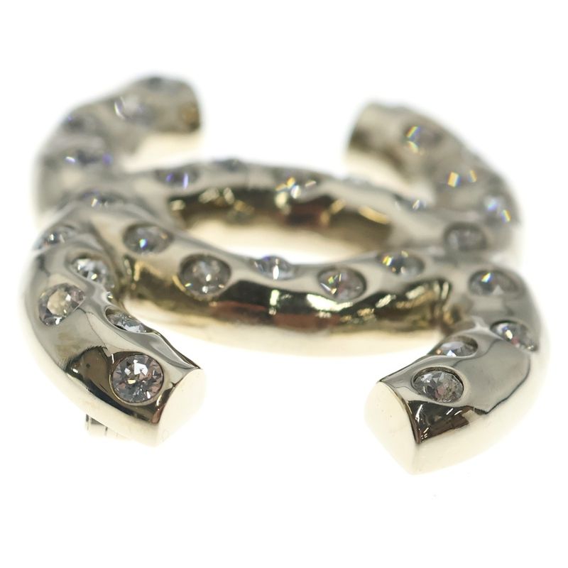 Chanel CC Logo Line Stone Pin Badge Pin Brooch Silver
