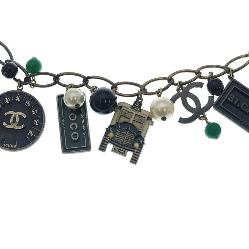 Chanel CC Logo Tag Necklace Pendant Chain Black Cream Green Gold