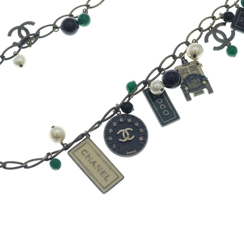 Chanel CC Logo Tag Necklace Pendant Chain Black Cream Green Gold