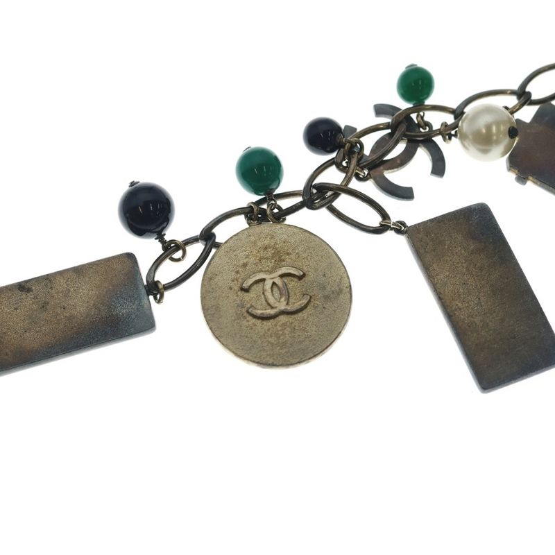 Chanel CC Logo Tag Necklace Pendant Chain Black Cream Green Gold