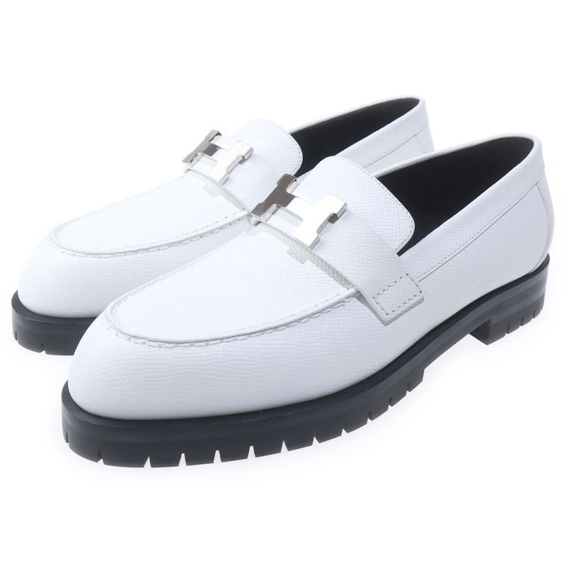 Hermes Faubourg Hlogo Plate Leather Low Cut Shoes Loafers White