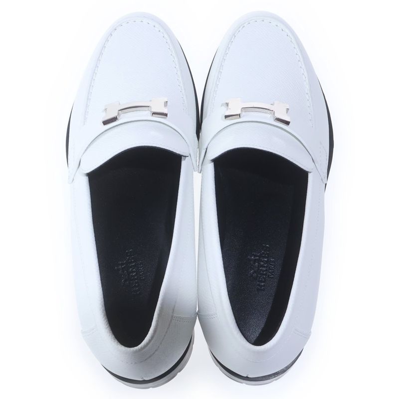 Hermes Faubourg Hlogo Plate Leather Low Cut Shoes Loafers White