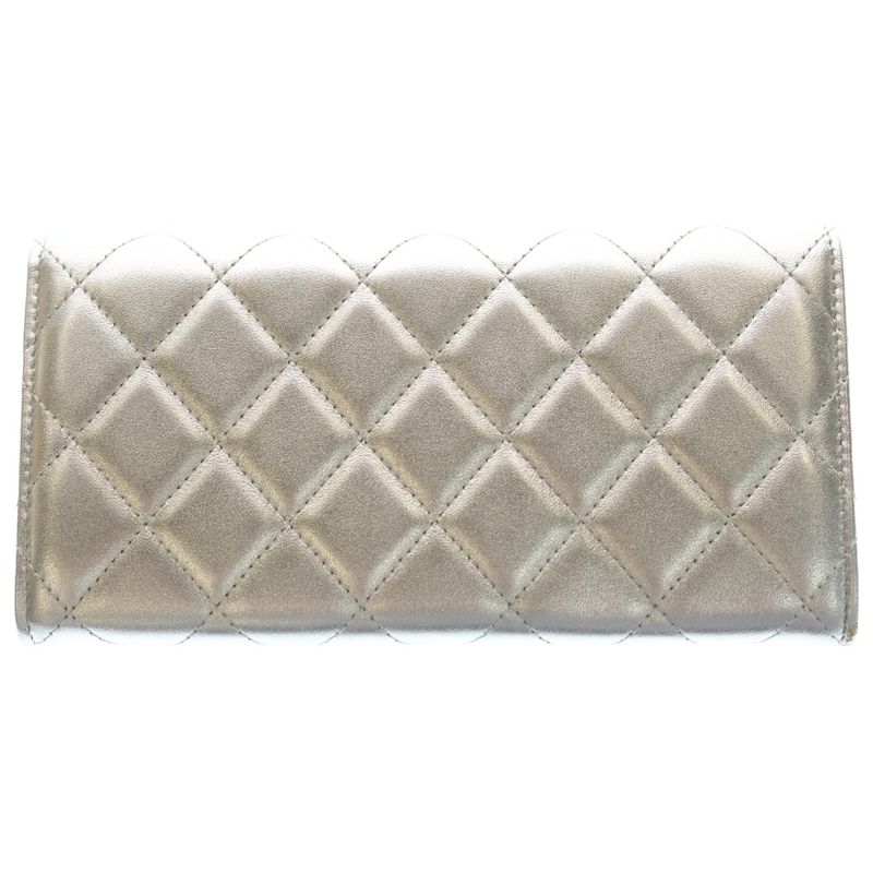 Chanel Quilted Wallet Card Case Metal Silver Lambskin