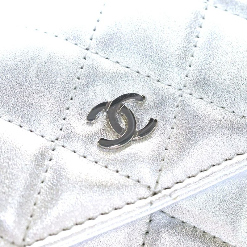 Chanel Quilted Wallet Card Case Metal Silver Lambskin