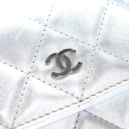 Chanel Quilted Wallet Card Case Metal Silver Lambskin