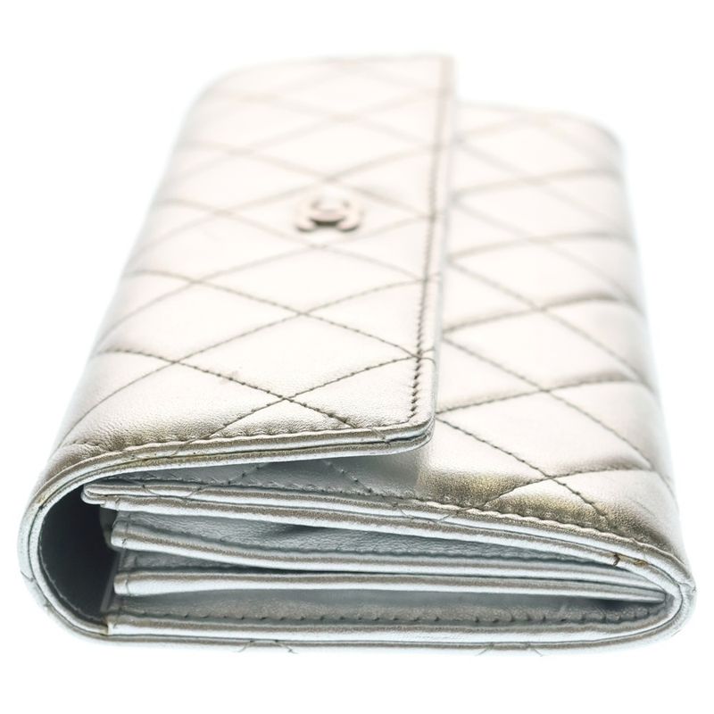 Chanel Quilted Wallet Card Case Metal Silver Lambskin