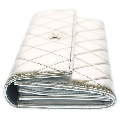 Chanel Quilted Wallet Card Case Metal Silver Lambskin