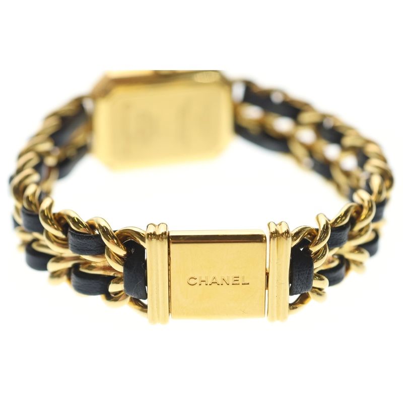 Chanel Premiere XXL Black Dial Watch Gold SS Leather Quartz
