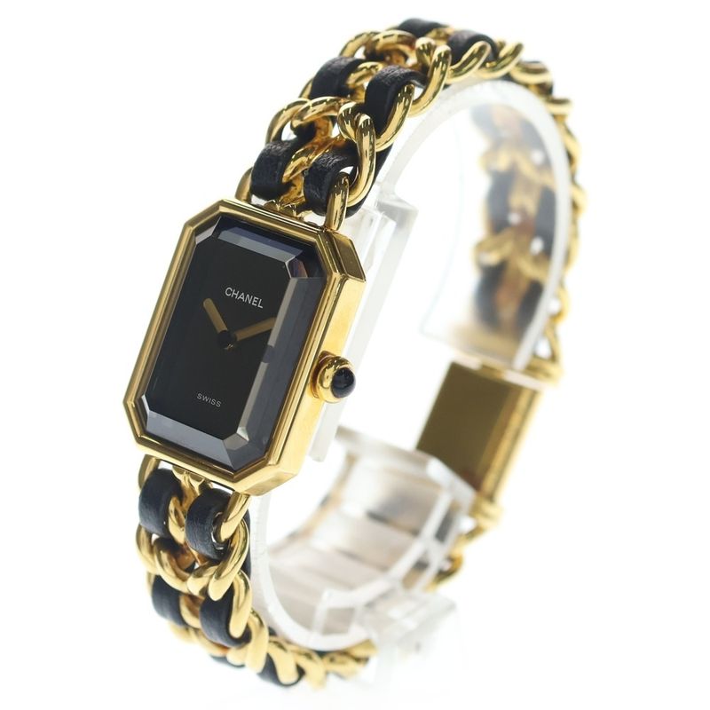 Chanel Premiere XXL Black Dial Watch Gold SS Leather Quartz