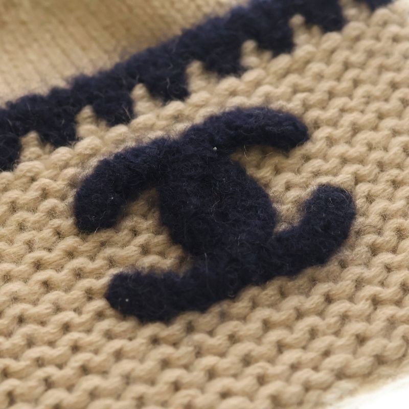 Chanel CC Logo Cashmere Silk Knit Hat Beige