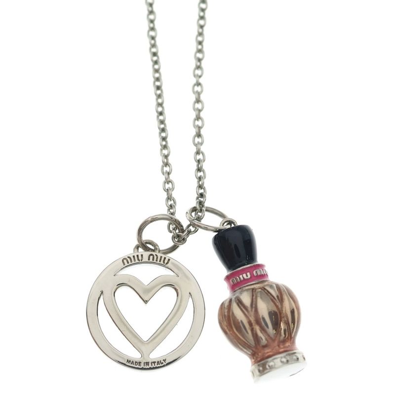 Miu Miu Logo Necklace Metal Pendant Chain Pink Silver