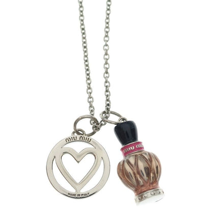 Miu Miu Logo Necklace Metal Pendant Chain Pink Silver
