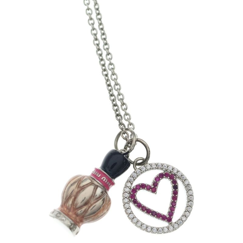 Miu Miu Logo Necklace Metal Pendant Chain Pink Silver