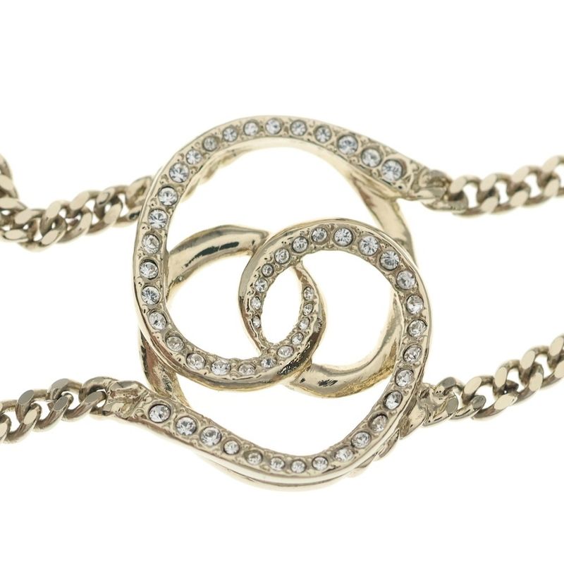Chanel CC Logo Line Stone Double Chain Choker Necklace Pendant Gold