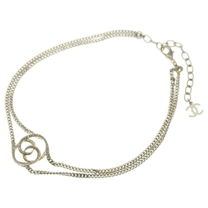 Chanel CC Logo Line Stone Double Chain Choker Necklace Pendant Gold