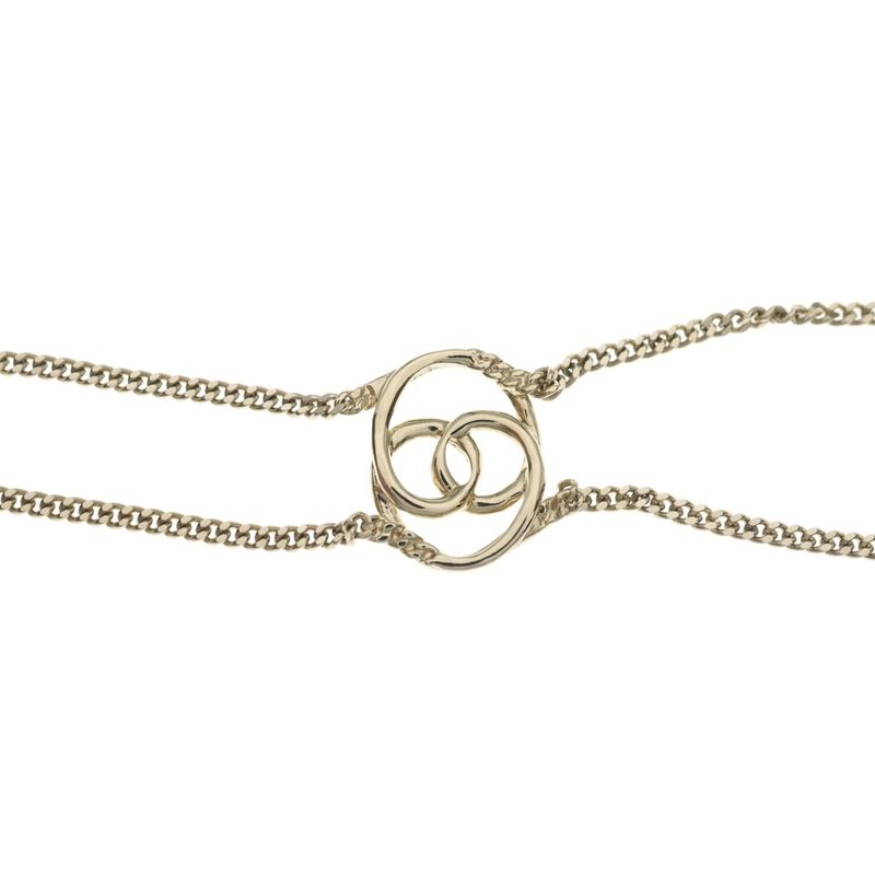 Chanel CC Logo Line Stone Double Chain Choker Necklace Pendant Gold